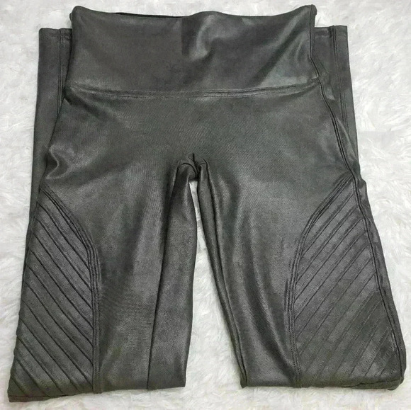 SPANX Faux Leather Moto Legging High Waisted Ribbed Gunmetal Metallic Gray NWOT - Picture 2 of 16